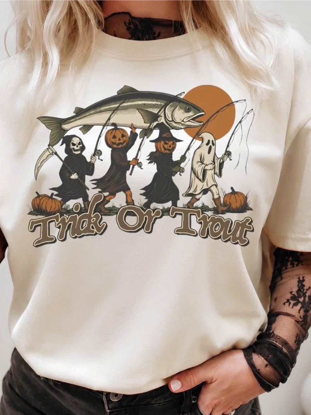 Trick Or Trout Halloween Fish Graphic Tee, Gildan Off White Halloween T-Shirt